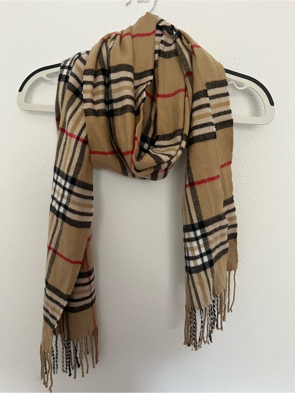 Camel Plaid Fringe Scarf — Classic Neutral Wrap